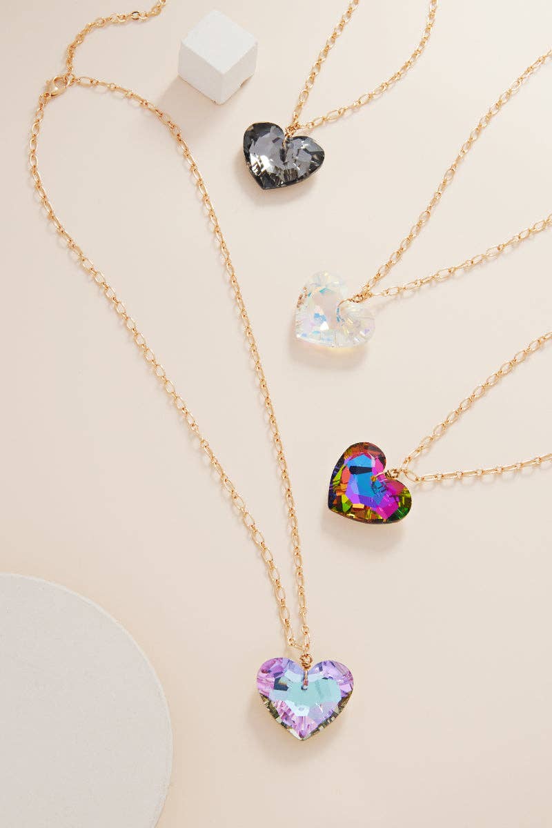 *ARRIVALS! Heart Shaped Large Glass Stone, Mix Media Metal 2-n-1 Pendant Necklace BLK/LAV/GLD/SIL