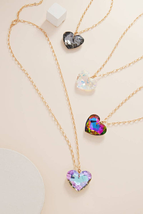 *ARRIVALS! Heart Shaped Large Glass Stone, Mix Media Metal 2-n-1 Pendant Necklace BLK/LAV/GLD/SIL