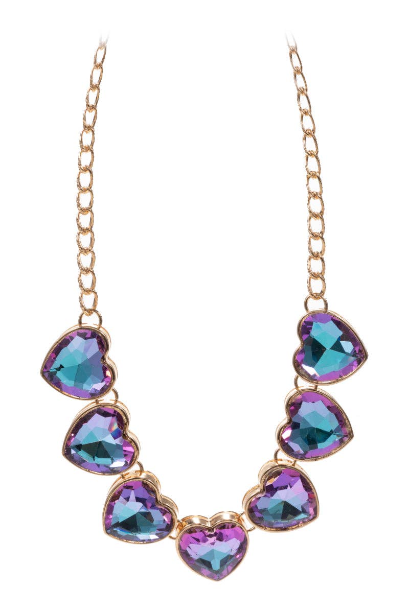 *Arrivals! BIJOU Crystal 7 Hearts Shaped Glass Rhine Stone Necklace: GLD-LAV / GLD-SLV