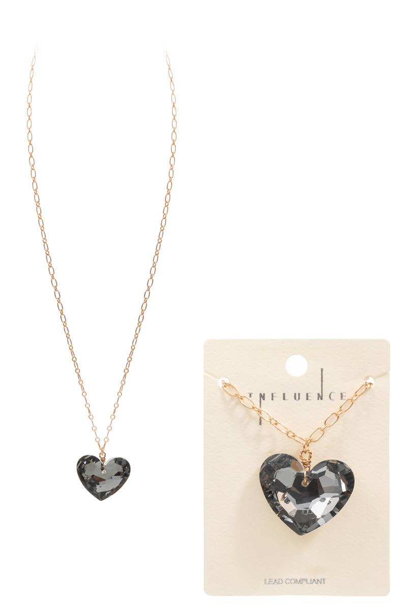 *ARRIVALS! Heart Shaped Large Glass Stone, Mix Media Metal 2-n-1 Pendant Necklace BLK/LAV/GLD/SIL