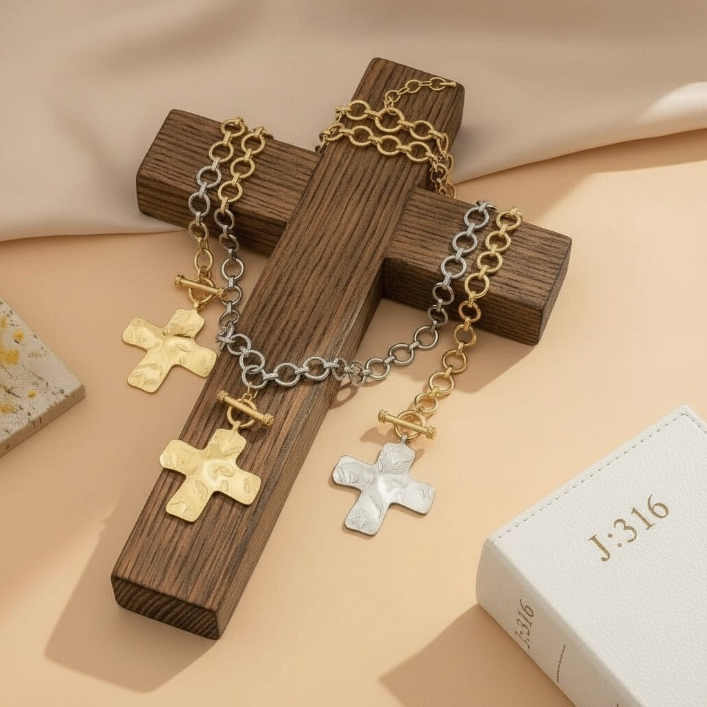 Bijou Cross Notable Hammered  Front Toggle Necklace