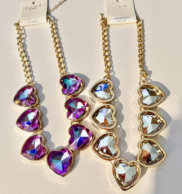 *Arrivals! BIJOU Crystal 7 Hearts Shaped Glass Rhine Stone Necklace: GLD-LAV / GLD-SLV
