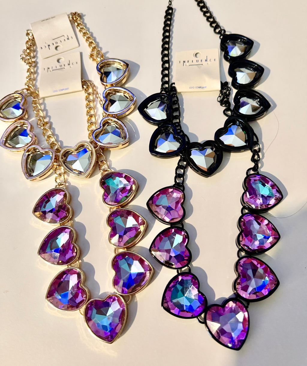 *Arrivals! BIJOU Crystal 7 Hearts Shaped Glass Rhine Stone Necklace: BLK-LAV / BLK-SLV