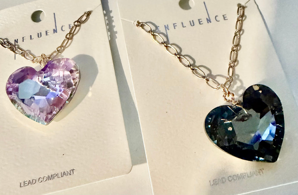 *ARRIVALS! Heart Shaped Large Glass Stone, Mix Media Metal 2-n-1 Pendant Necklace BLK/LAV/GLD/SIL
