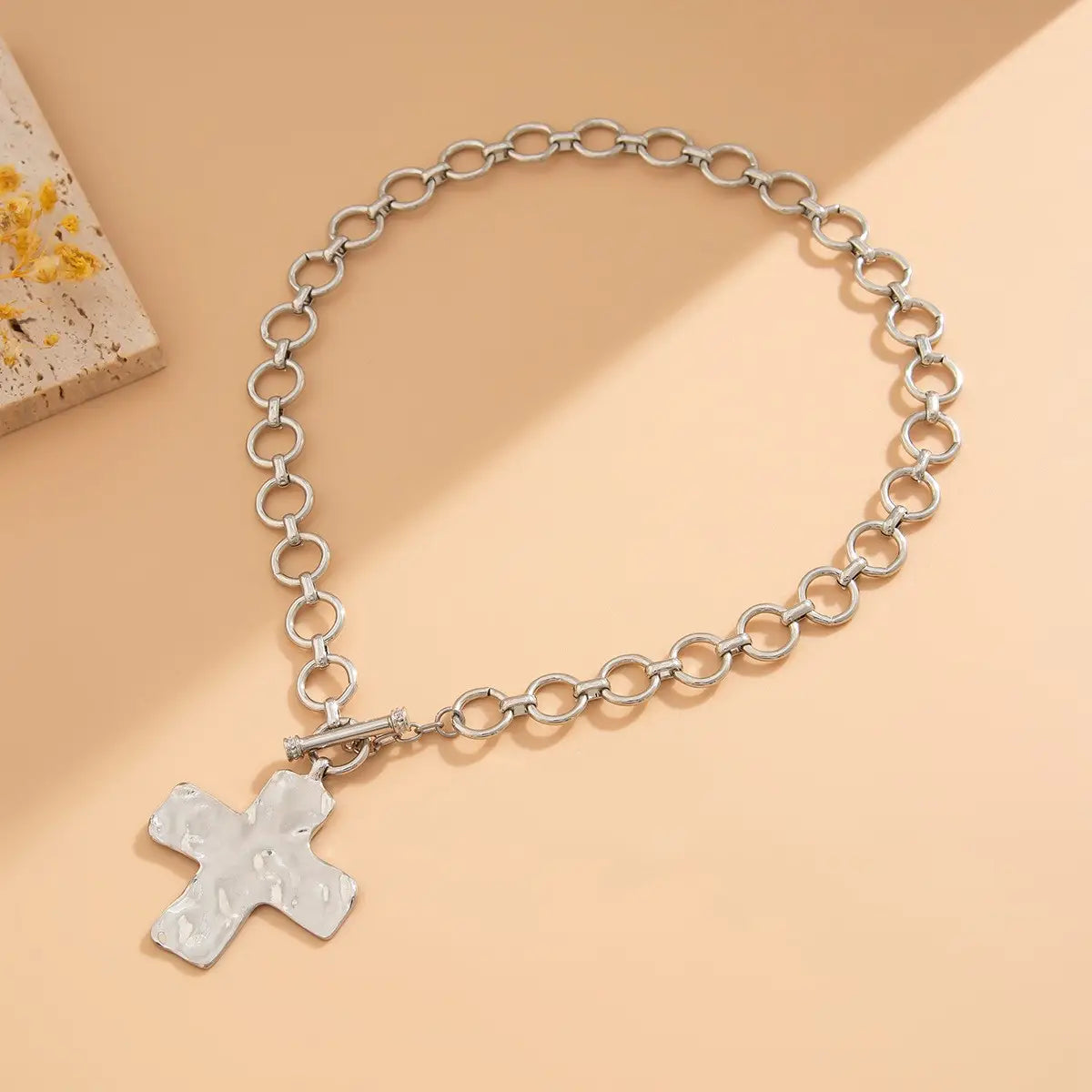 Bijou Cross Notable Hammered  Front Toggle Necklace