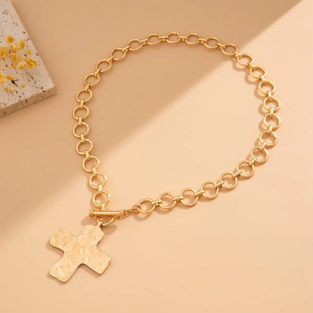 Bijou Cross Notable Hammered  Front Toggle Necklace