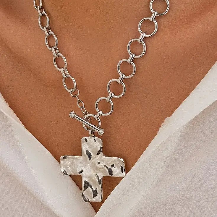 Bijou Cross Notable Hammered  Front Toggle Necklace