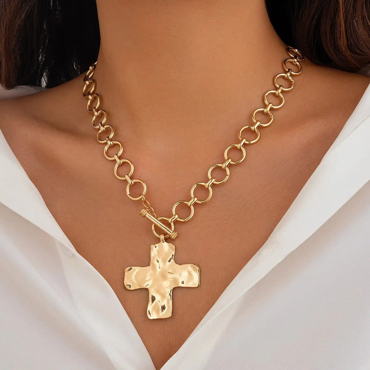 Bijou Cross Notable Hammered  Front Toggle Necklace