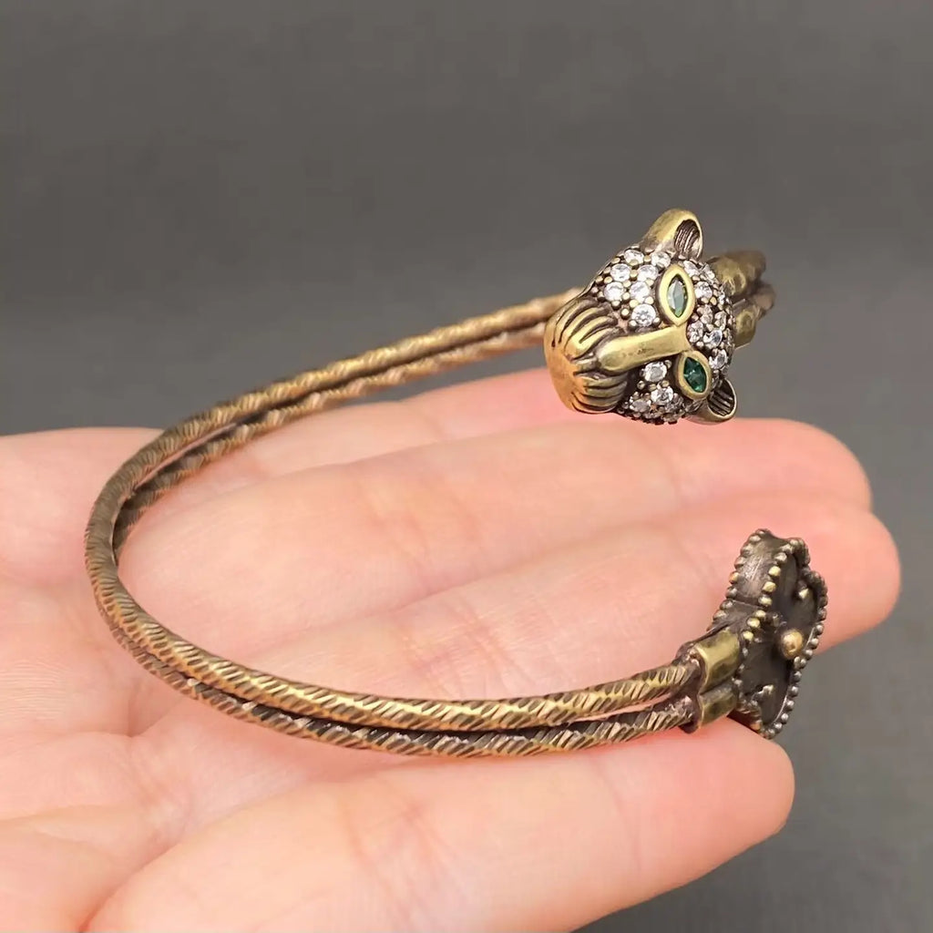 Bijou Bangle Clover Bronze Crystal Leopard With Emerald Eyes