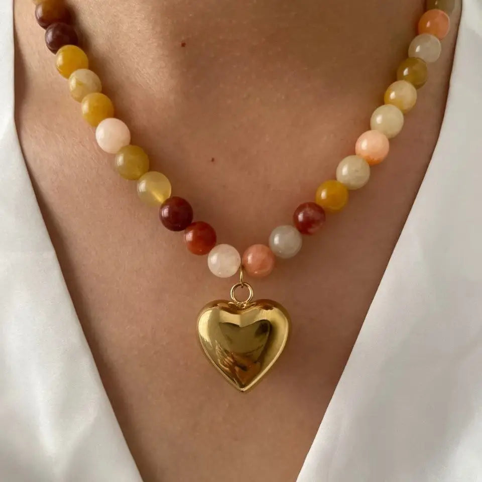 BIJOU Charm Heart Multi Earthy Stone Necklace