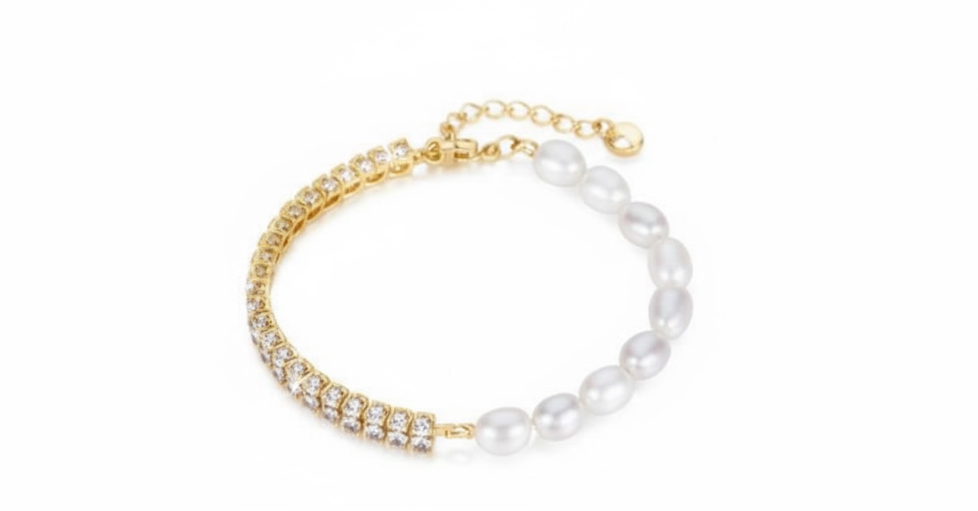 BIJOU Luxury MixMedia Rhinestone Bracelet – Stainless Steel, Gold, Rhinestone & Fresh W Pearl