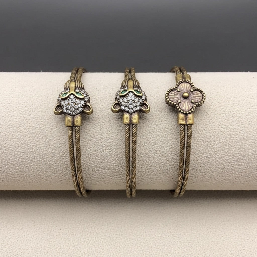 Bijou Bangle Clover Bronze Crystal Leopard With Emerald Eyes