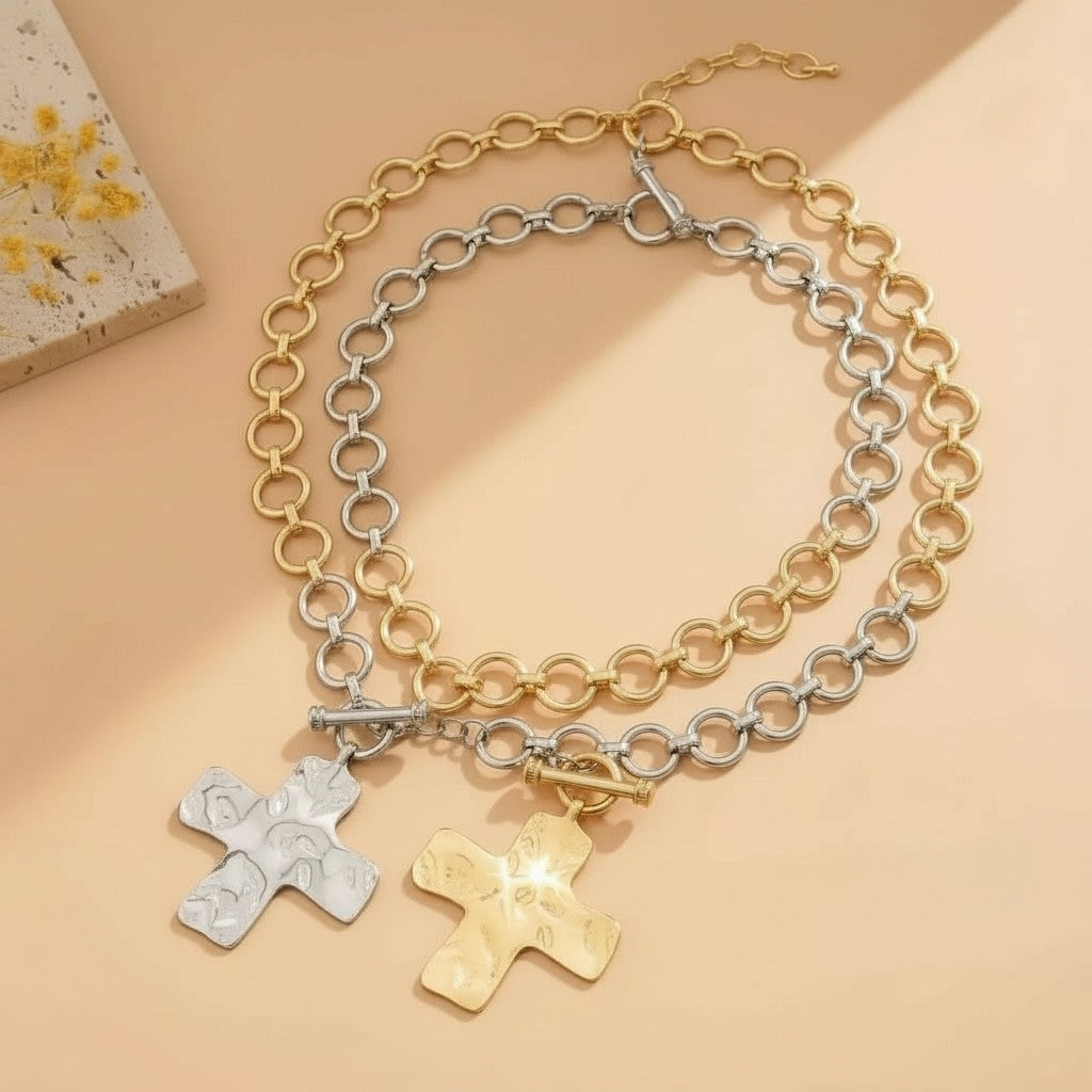 Bijou Cross Notable Hammered  Front Toggle Necklace
