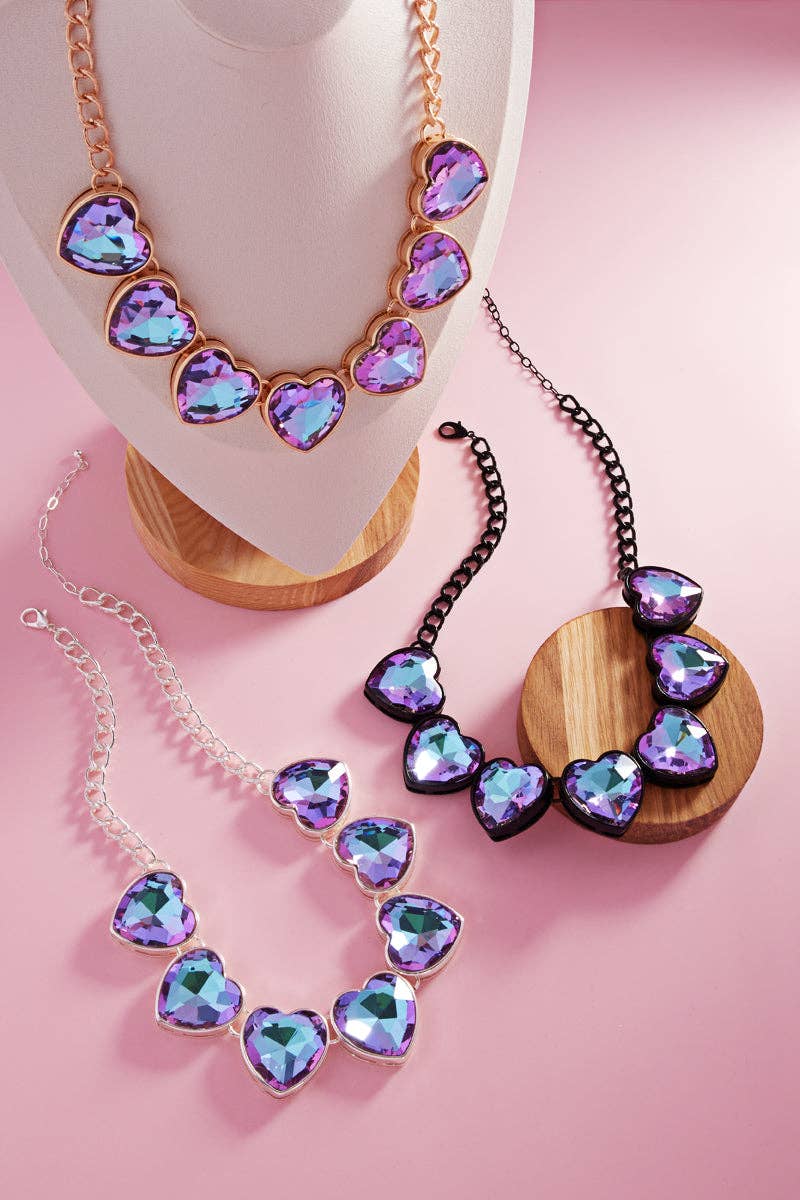 *Arrivals! BIJOU Crystal 7 Hearts Shaped Glass Rhine Stone Necklace: BLK-LAV / BLK-SLV