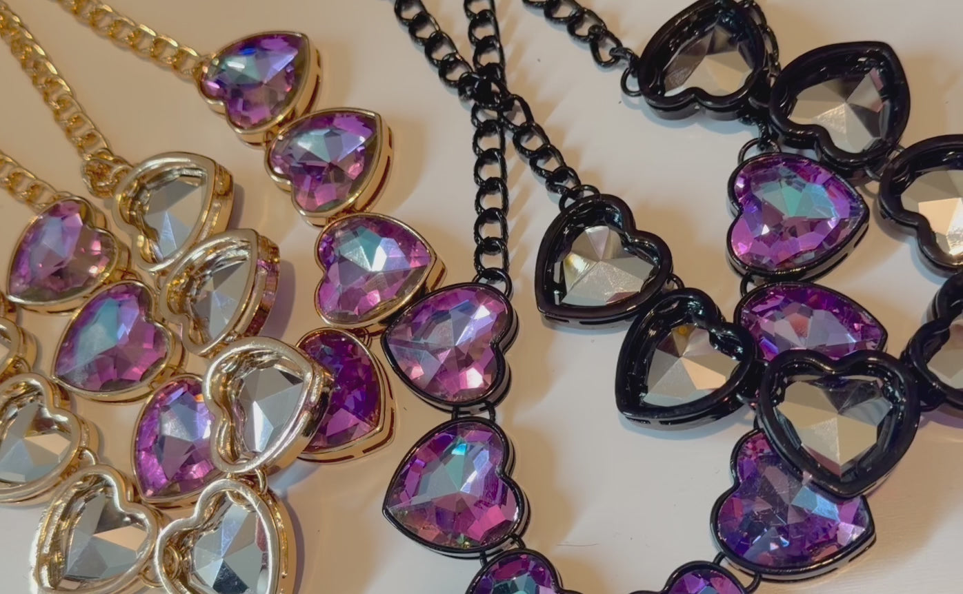 *Arrivals! BIJOU Crystal 7 Hearts Shaped Glass Rhine Stone Necklace: BLK-LAV / BLK-SLV